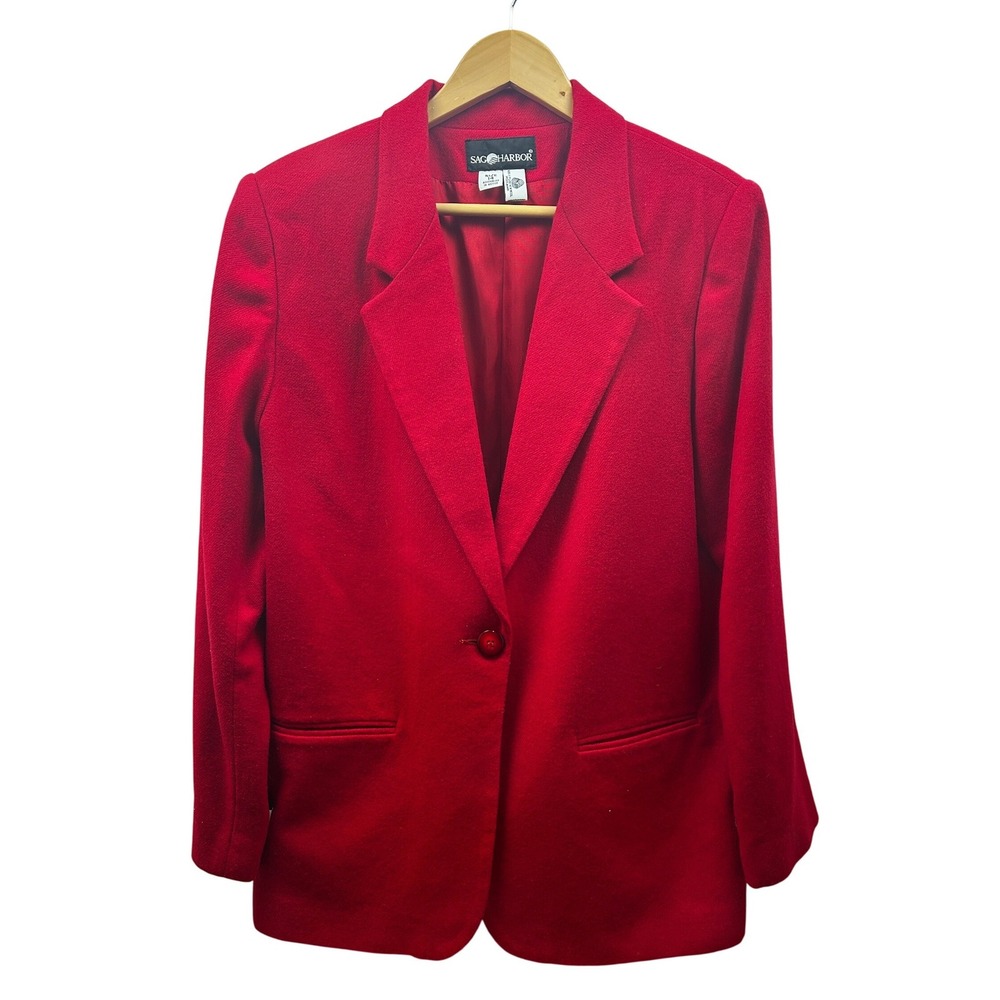 SAG HARBOR Wool Blazer‎ Womens 14 Red Classic Career Retro Minimalist Holiday